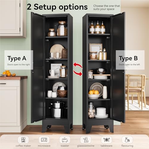 YAUWOH White Narrow Metal Storage Cabinet, Tall Freestanding Cabinet with 4 Adjustable Shelves & Barn Doors, Pantry Organizer for Bathroom Kitchen Home Office Dining Room（1PC,Black） - Image 4