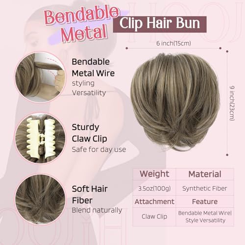 HOOJIH Messy Bun Hair Piece, Claw Clip in Straight Hair Bun 9 Inch Short Ponytail Extension with Bendable Metal Wire Hair Pieces for Women Fake Hair Bun - Chocolate Brown Ash Blonde Highlights - Image 2
