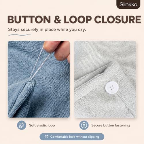 Microfiber Hair Towel Wrap for Women – Ultra Absorbent Quick Dry Turban | Button & Loop Design | Soft Lightweight Fabric | Reduces Frizz & Breakage | All Hair Types | Blue & Grey - Image 3
