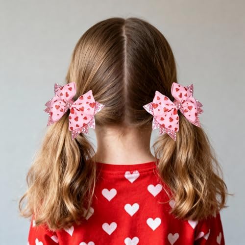 Glitter Pink Valentines Hair Bows for Girls 2pcs 3.5" Red Heart Ribbon Dressy Bow Alligator Clips for Women Wedding Party outfit Decor Accessory Her Birthday Favor Gift - Image 6