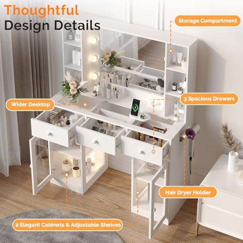 VINGLI Vanity Desk with Mirror and Lights, Glass Top Makeup Vanity Table w/Glass Lighting Cabinets & Power Outlets & Hairdryer Holder,54in White Dressing Table, Gifts for Girls - Image 3