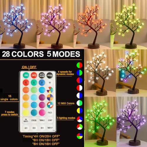 Pooqla RGB Cherry Blossom Tree Light with Remote 28 Colors LED Artificial Flower Bonsai Tree, RGB Table Top Lamp Home Lit Tree Valentine's Day Decoration 36 LED, Brown Branch - Image 2