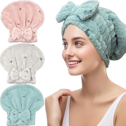 Jseng 3Packs Microfiber Hair Towel for Women - Quick-Drying, Super Absorbent Hair Wrap with Bow Design, Soft Hair Towel Turban for Curly Long Wet Hair by Jseng