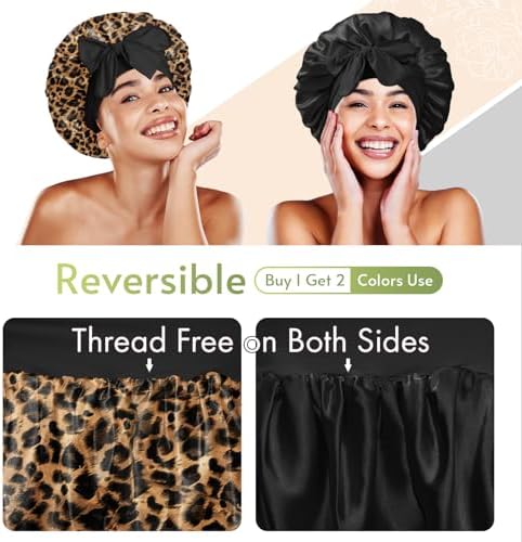 Bonnet Queen Silk Bonnet for Sleeping Satin Bonnet Hair Bonnet Satin Lined Bonnets Double Layer Bonnets Adjustable Tie Bonnets Night Cap For Curly Hair Leopard - Image 2