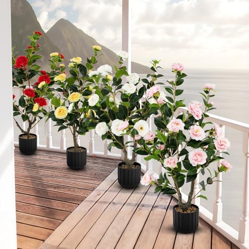 Goplus 38’’ Artificial Camellia Tree, Flower Plants Artificial Tree - Image 6