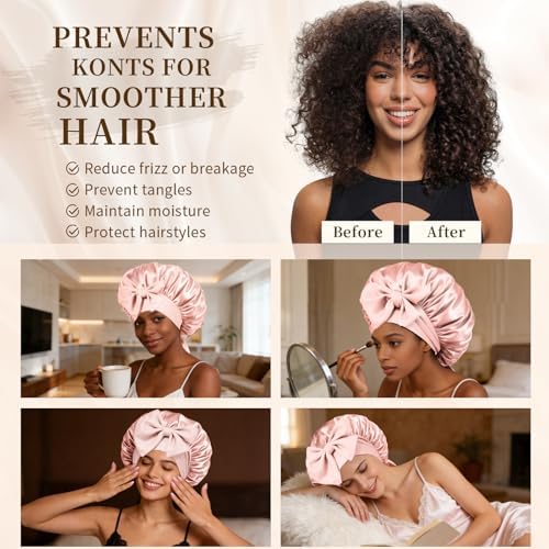 Silk Bonnet for Women, Satin Bonnet for Sleeping, Large Sleep Cap with Elastic Tie Band for Curly Hair, Blush Pink - Image 7