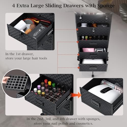 Stagiant Rolling Makeup Case with Drawers Cosmetology Case on Wheels 5 IN 1 Makeup Case 4 Drawers with Foot Stand Spring-release Mechanism Rolling Make Up Organizer for Artist Salon Nail Teach Trunk - Image 6
