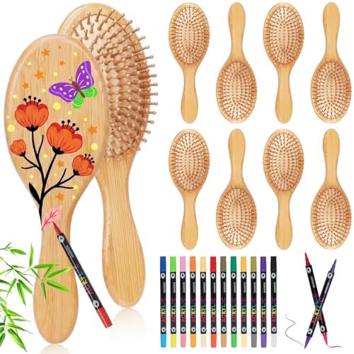 8PCS DIY Bamboo Hair Brush Painting Kit Bulk with 12 Pens for Decor, Oval by SAYAYA