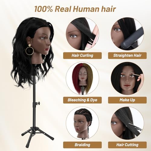 Mannequin Head 100% Human Hair, 18" Manikin Head with Real Human Hair Cosmetology Doll Head for Hairdresser Practice Braiding Hair Styling with Table Clamp Stand, Hair Style Kits - Image 4