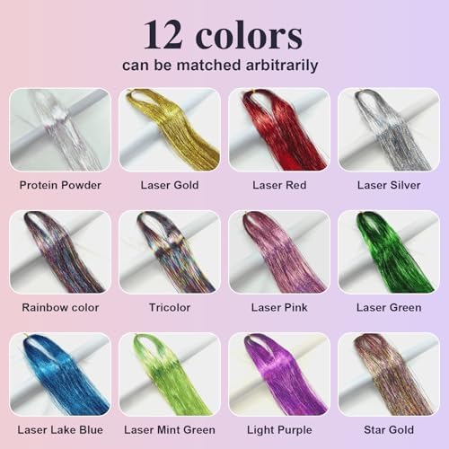 Leuceiy 12 Color 48" Hair Tinsel Kit, 3600 Strands Heat Resistant with Tool - Image 3