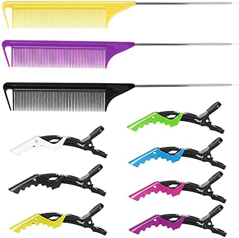 Hair Styling Combs and Clips Set - Rat Tail Teasing Combs with Steel Pin, Sectioning Alligator Clips for Braiding, Parting, and Salon Use - Image 2