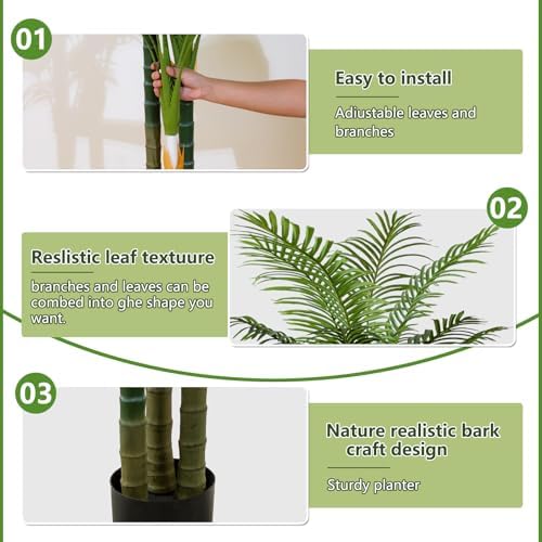 6FT Tall Golden Cane Artificial Palm Tree, Large Faux Palm Tree with 3 Textured Trunks, Outdoor Artificial Plants, Fake Tree for Indoor Office Living Room Outside Patio. - Image 5