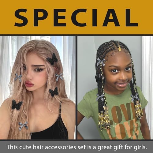 100pcs Hair Beads for Braids Gold Loc Dreadlock Hair Beads Black Gingham Mini Hair Bows Lace Embroidery Butterfly Hair Clips 3 Styles Y2K Hair Accessories for Women Girls - Image 2