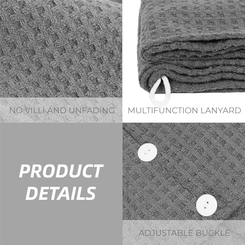 MaopaoBeauty Hair Towel Terry Cloth Absorbent Dry Anti Frizz Twist Plopping Curly Shower for Women Wet Hair 1Pack Grey Waffle Long Hair Head Wraps Quick Dry Hair Drying Towels Button - Image 2