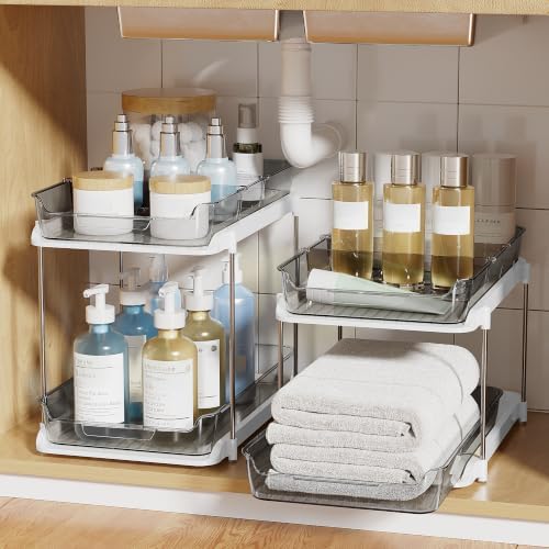 Delamu 2-Tier Multi-Purpose Bathroom Under Sink Organizers and Storage, Stackable Kitchen Pantry Organization, Pull Out Medicine Cabinet Organizer with Movable Dividers, Black, 2 Pack - Image 6
