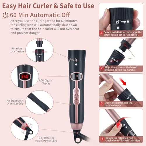 6 in 1 Hair Wand Curling Iron，0.35 to 1.25 inches with LCD，Form 140°F to 430°F in increments of 10°F, 110v-220V for Global use Includes Gloves and 2 Hair Clips. - Image 5