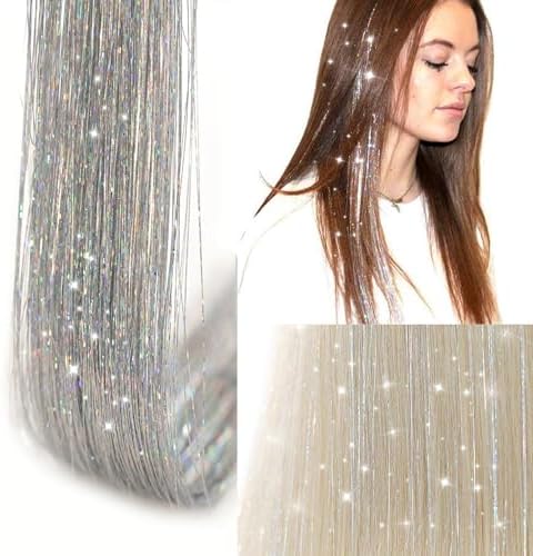 Silver Hair Tinsel 12Pcs Clip in Hair Tinsel Kit 20.5 Inch Fairy Hair Tinsel Kit Heat Resistant Silver Hair Accessories Glitter Hair Extensions for Christmas Halloween Cosplay Party - Image 2