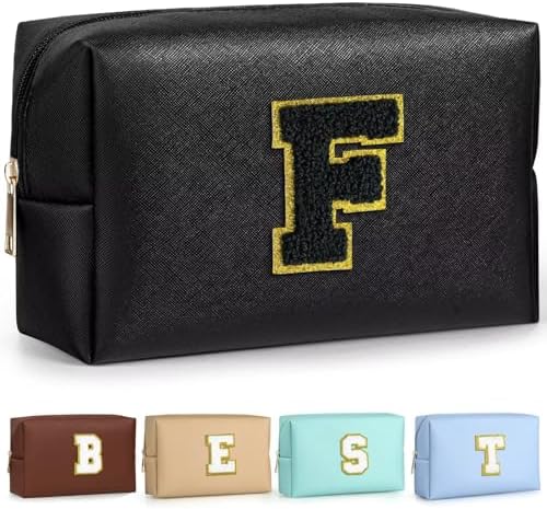 TOPEAST Preppy Makeup Bag, Small Cosmetic Travel Bags for Women, PU Leather Waterproof Toiletry Bag with Zipper, Personalized Birthday Gift for Women Girl, Preppy Gifts for Girl (Black F) by TOPEAST