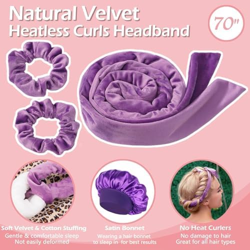 Heatless Curls Overnight Headband, 70'' No Heat Hair Curlers with Hair Bonnet for Sleeping, Light Purple - Image 5