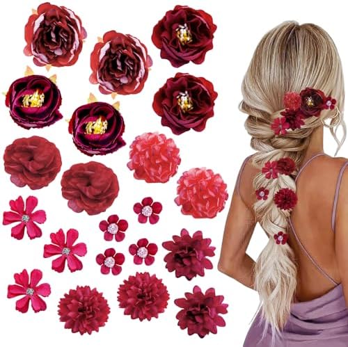 21 PCS Hair Flowers Boho Hair Barrettes Accessories Hawaiian Silk Flower Clips Girls Red Floral Bride Headpiece Festival(Red) by SHEHARUHI