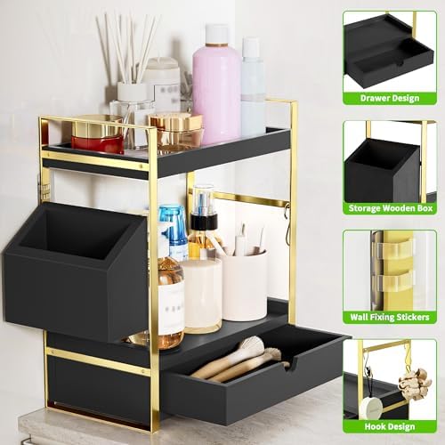 2-Tier Bathroom Counter Organizer, Wooden Vanity Shelf with Drawer & Basket - Image 3