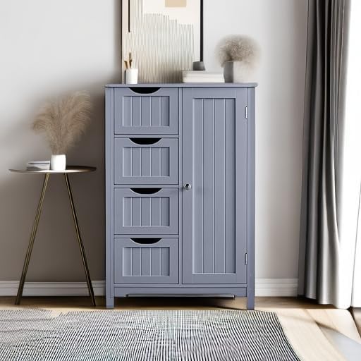Yaheetech Small Bathroom Storage Cabinet with 4 Drawers & Door, Gray - Image 5