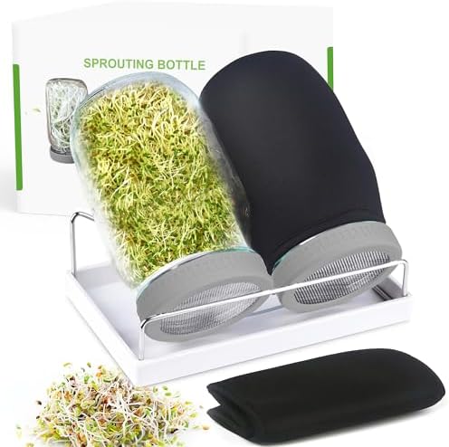 Organic Seed Sprouting Jar Kit – 2 × 32 oz Wide-Mouth Mason Jars with Stainless-Steel Sprouter Lids & Stand, Blackout Sleeves, Drain Tray – Grow Broccoli, Alfalfa & Bean Microgreens by Kitmiido