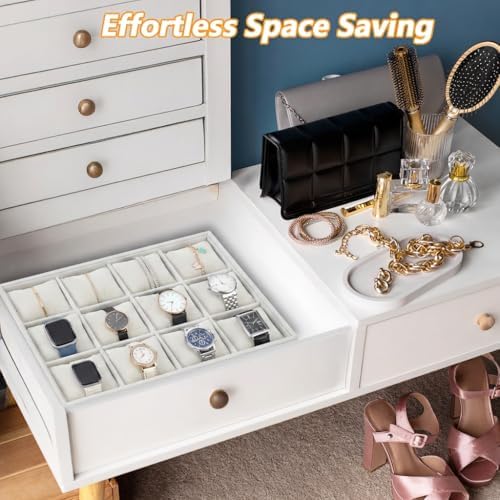 2 Pack 12 Grid Velvet Watch Tray Organizer with Removable Pillows - Stackable Bracelet & Bangle Display Holder for Drawer, Store, or Travel - Beige - Image 7