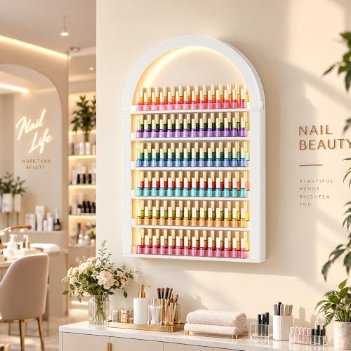 OmySalon Nail Polish & Gel Powder Rack With Led Lighting, White Wall Shelf - Image 7