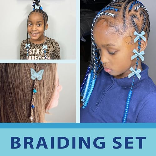 100PCS Hair Beads 2 Sizes Lace Butterfly Hair Clips Mini Hair Bows Hair Beading Tool Set Blue Cute Bow Barrettes Quick Braid Beaders for Kids and Girls - Image 5