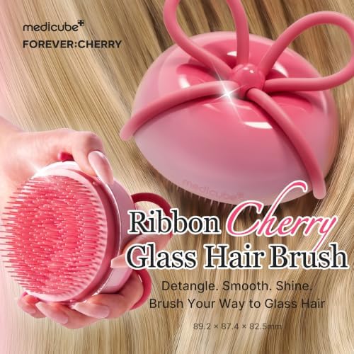 medicube Ribbon Cherry Hair Brush, Detangler for Glass Hair, Pink - Image 2