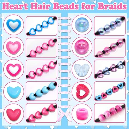 NAISKA 108PCS Hot Pink Blue Hair Beads 12 Styles Box Beads for Hair Heart Dreadlock Jewelry Iridescent Braids Bead Loc Jewelry Cute Hair Accessories for Kids Girls - Image 6