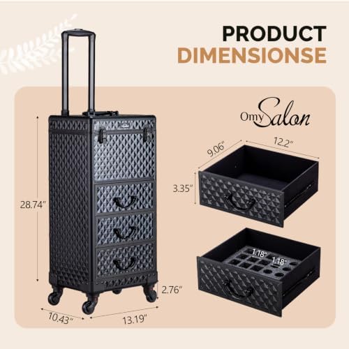 OmySalon Rolling Makeup Train Case with 3 Drawers, Cosmetology Case on Wheels w/Pull Handle and Removable Wheels, Large Cosmetic Organizer Storage Box for Nail Tech, Makeup Artist, Hairstylist(Black) - Image 2