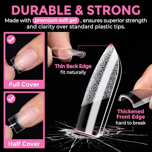 UNA GELLA Extra Short Sharp Square Nail Tips 216Pcs, 12 Sizes Pre-buffed Soft Gel Nail Tips Sharp Square Half Matte Full Cover Clear Fake Nails Extensions for DIY & Salon Manicure Clear Press on Nails - Image 5