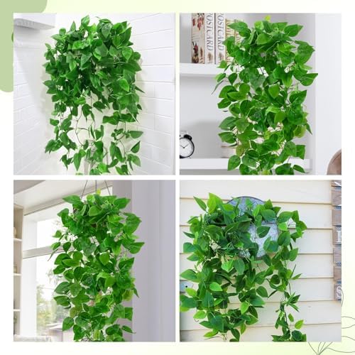 BLEUM CADE 4Pcs Fake Hanging Plants, 9 Branch Artificial Hanging Plant, Lush Faux Pothos Vines for Home Room Wall Shelf Porch Outdoor Indoor Decor (No Baskets) - Image 7