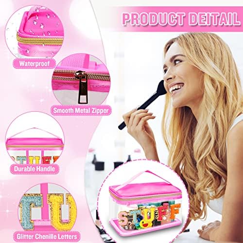 Chenille Letter Clear Makeup Bags Stuff Pouch, Preppy Patch Makeup Bag Zipper with Handle, Transparent PVC & Nylon Waterproof Glitter Cosmetic Handbag Travel Toiletry Storage for Women(STUFF-Rose) - Image 3