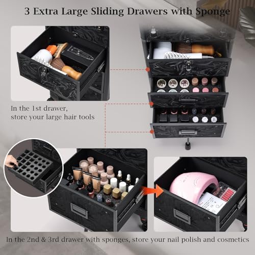 Stagiant Rolling Makeup Case with Drawers Cosmetology Case on Wheels 4 IN 1 Makeup Case 3 Drawers with Foot Stand Spring-release Mechanism Rolling Make Up Organizer for Artist Salon Nail Teach Trunk - Image 6