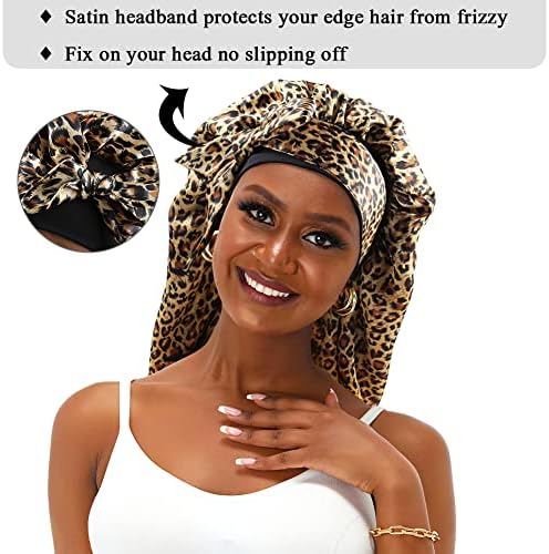 Extra Large Satin Bonnet Silky Sleep Cap for Women, Double-Layer Long Hair Bonnet with Tie Band for Braids/Curly/Long Hair - Leopard - Image 5