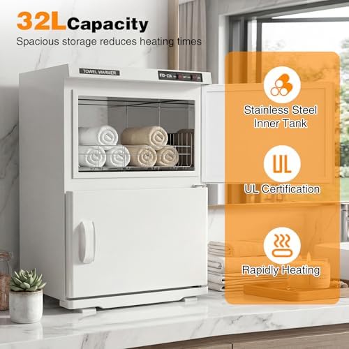32L Hot Towel Warmer, Large Capacity Spa Towel Warmer with Double Cabinets, Professional Towel Warmer Cabinet with Clip & 2 Racks for Salon, Barber Shop, Massage, Facial - Image 2