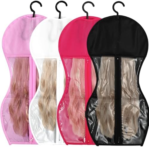 FYSUIMU 12Pcs Wig Storage Bag with Hanger Hair Extension Storage Dust Proof Portable Wig Organizer for Multiple Wigs Travel Home Closet (White, Black, Pink, Hot Pink) by FYSUIMU