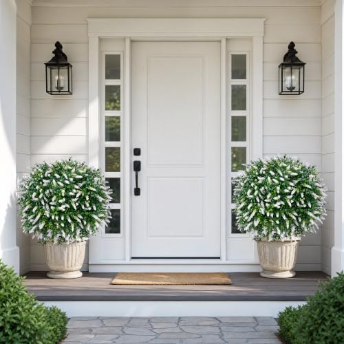 26'' Artificial Topiary Boxwood Ball Trees with White Lavender, Set of 2 Fake Bushes Shrubs for Outdoor with Ground Spike UV Resistant Faux Evergreen Plant Ball for Front Porch Garden Decor - Image 6