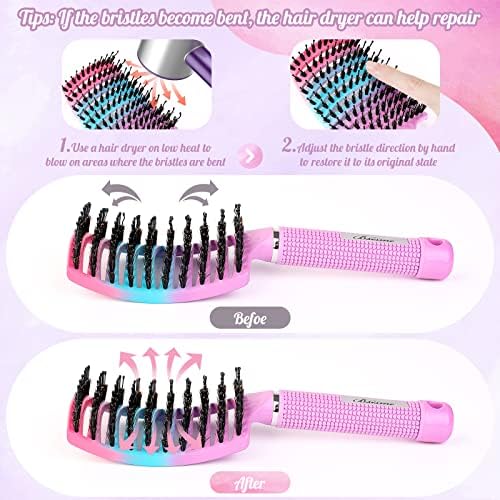 Boar Bristle Hair Brush Curved Vented Detangler Brush Faster Blow Drying, Paddle Detangling Brush for Women Men Kids Wet Dry Long Curly Thick Straight Hair, Make Hair Shiny and Healthier(Purple+Green) - Image 3