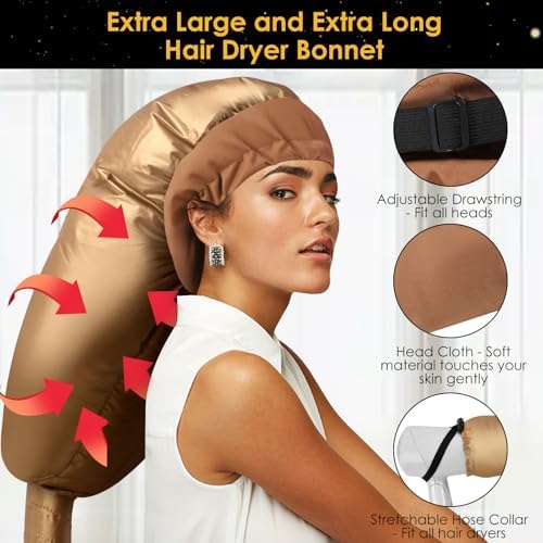 TEPENAR Hair Dryer Bonnet Attachment: Upgraded Extra Large Hooded Dryer Adjustable Hair Dryer Caps - Easy to Use for Natural Curly Textured Hair Care Styling Fast Drying - Gold - Image 2
