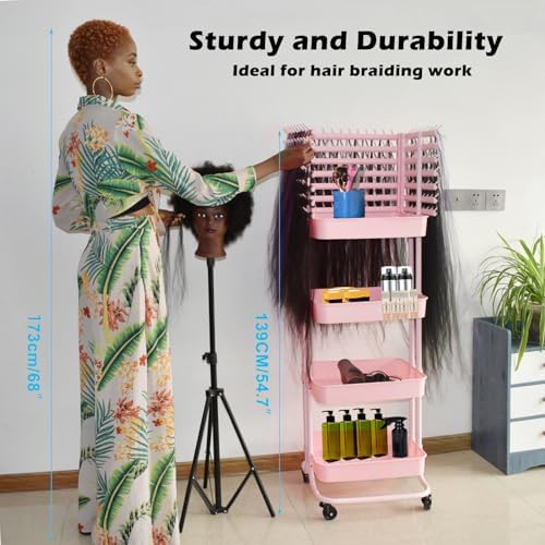 Braiding Hair Rack with 196 Pegs, Hair Extension Holder with 4 Tiers Storage Cart, Elegent Pink Braiding Rack Stand for Hair Braider, Sturdy Hair Rack for Salon, Home, Beauty School - Image 2