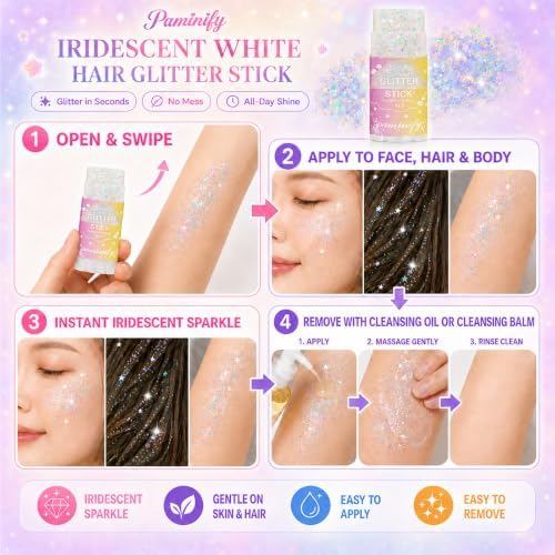 Iridescent White Hair Glitter Stick,Waterproof Face Body Glitter Makeup for Kids and Women, Mermaid Fairy Costume Accessories, Halloween Festival Rave Concert Carnival Party Makeup - Image 6
