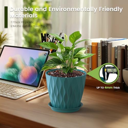 Meowell 7 inch Plant Pots for Indoor Outdoor Plants, 5 Pack Thick Flower Pots with Drainage Holes and Saucers, 3D Modern Wave Texture Plastic Planter Pots for Nursery and House Plants, Blue Green - Image 4