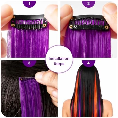 Colored Hair Extensions Clip in Purple and Orange Hairpiece 14 PCS - Image 5