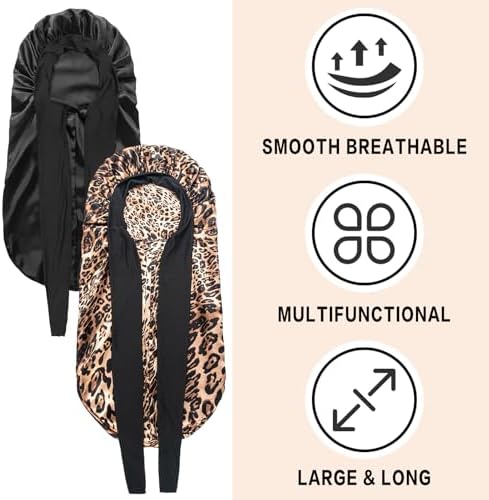 2Pcs Bonnets for Black Women Braid Bonnet, Large Long Satin Bonnet for Braids, Silk Bonnet with Stretchy Tie Band Sleep Cap Hair (2Pcs-Black&Leopard) - Image 3