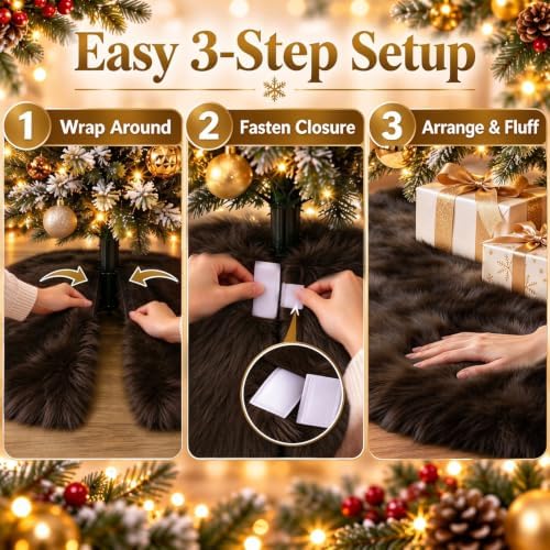 48 Inch Coffee Christmas Tree Skirt, Faux Wool Tree Base Cover - Image 3