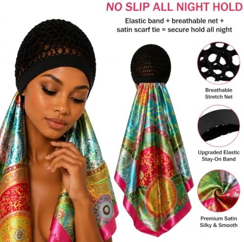 2 in 1 Wrap Cap Hair Net and Scarf for Silk Press, Satin Wrap Cap Bonnet for Women, Adjustable Stay-On Sleep Hair Net Scarf for All Hair Types (Cyan blue, One Size) - Image 2